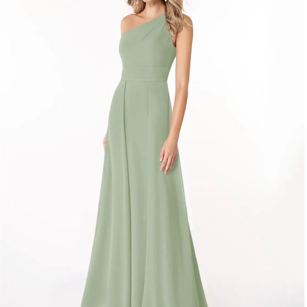 Azazie One-Shoulder Sage Green Gown A4